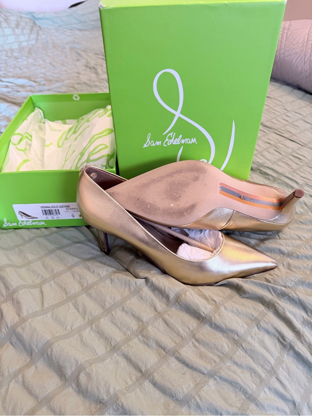 Sam Edelman Vienna Gold Leather Pointed-Toe Stiletto Pumps -US 9 M